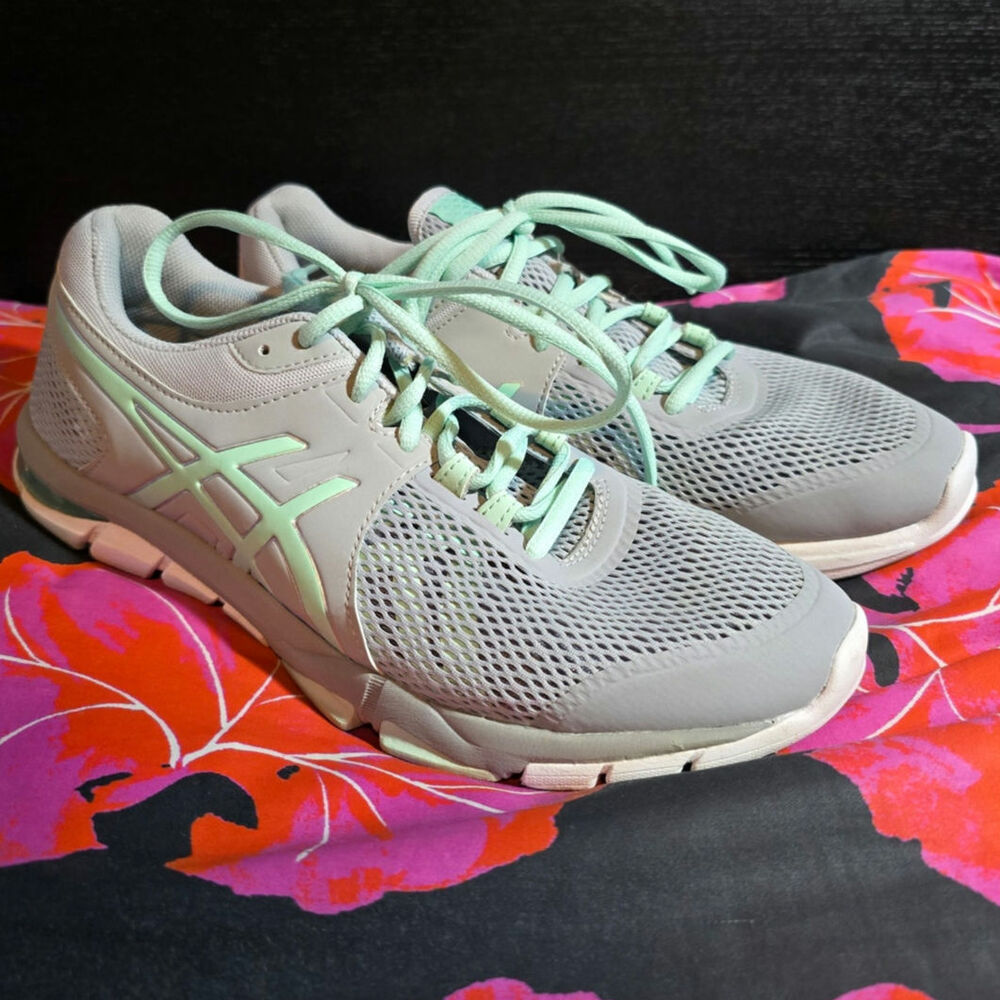 Asics Fluid Axis Gel Craze light‎ gray and mint green mesh running shoes size 9